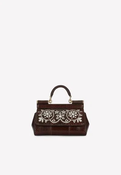 Dolce & Gabbana Small Sicily Rhinestone-embellished Shoulder Bag In Brown