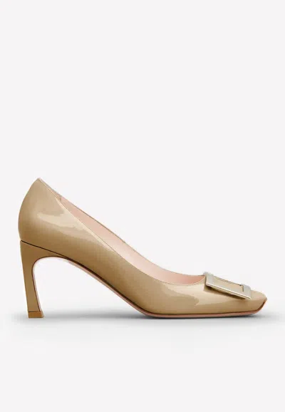 Roger Vivier Trompette 70 Metal Buckle Pumps In Patent Leather In Beige