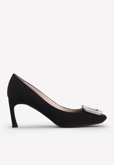 Roger Vivier Trompette 70 Crystal Buckle Satin Pumps In Black