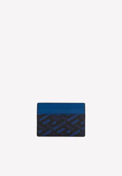 Versace La Greca Monogram-print Leather Card Holder In Blue