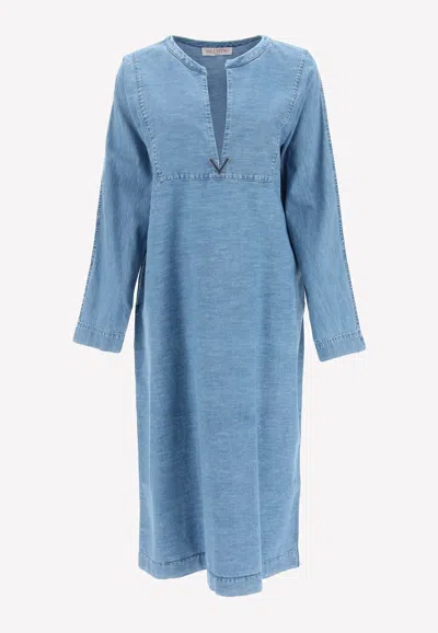 Valentino Embellished Denim Midi Dress In Light Blue