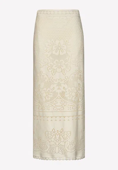 Valentino High-waist Guipure Lace Maxi Skirt In Almond