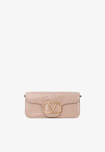 Valentino Locò Crocodile Leather Shoulder Bag With Vlogo Plaque In Beige