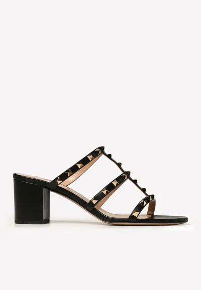 Valentino Rockstud Leather Sandals With Iconic Side Studs In Black