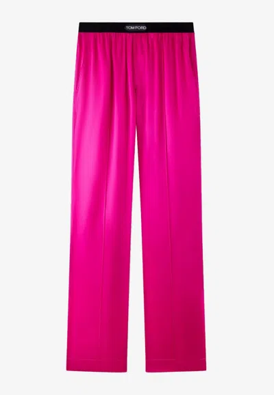 Tom Ford Velvet-trimmed Stretch-silk Satin Pants In Fuchsia
