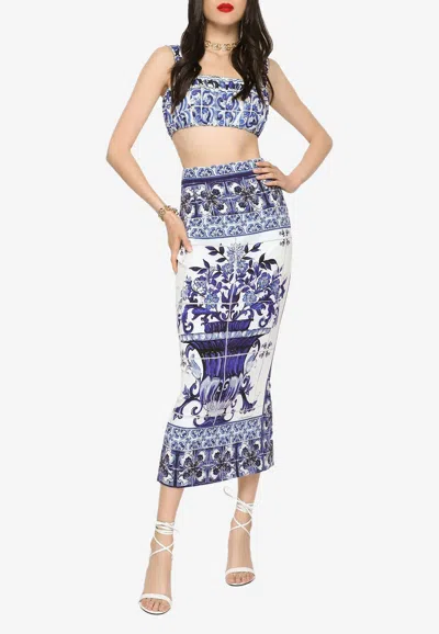 Dolce & Gabbana High Waist Stretch Silk Charmeuse A-line Midi Skirt In Blue