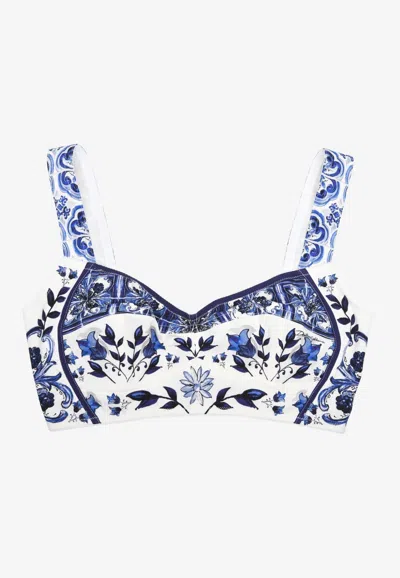 Dolce & Gabbana Majolica-print Charmeuse Top In Blue