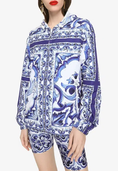 Dolce & Gabbana Majolica-print Hooded Windbreaker In Blue