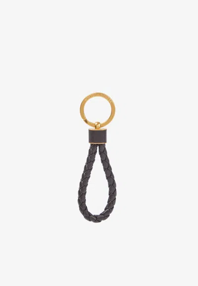 Bottega Veneta Intrecciato Leather And Gold-tone Keyring In Black