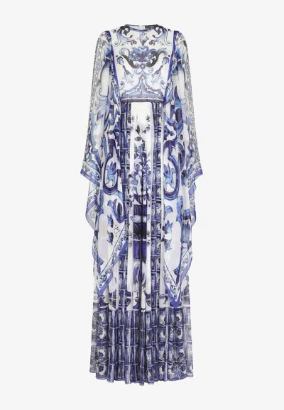 Dolce & Gabbana Tile-print Silk Chiffon Maxi Dress In Blue