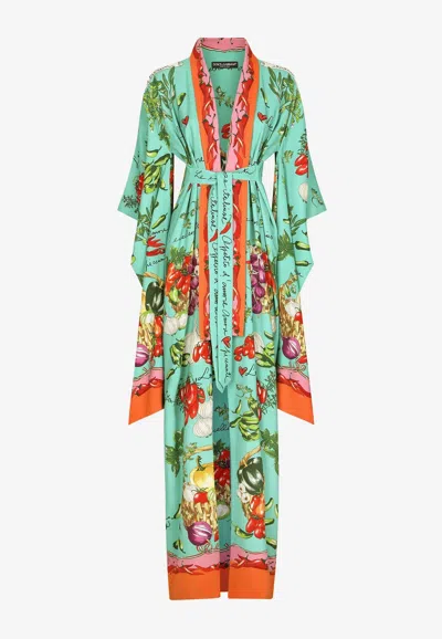 Dolce & Gabbana Vegetable-print Charmeuse Robe Jacket In Multicolor
