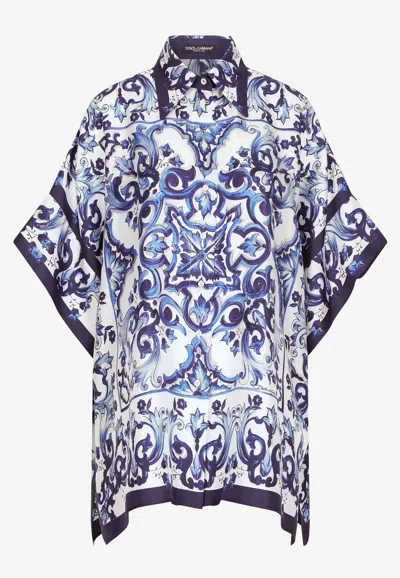 Dolce & Gabbana Majolica Print Short-sleeved Kaftan Shirt In Blue
