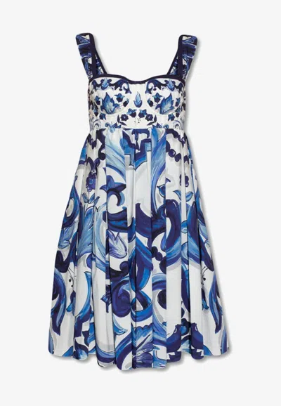 Dolce & Gabbana Majolica Print Bustier Mini Poplin Dress In Blue