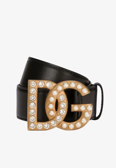 Dolce & Gabbana Embellished Dg Logo Buckle Belt In Calf Leather In Black