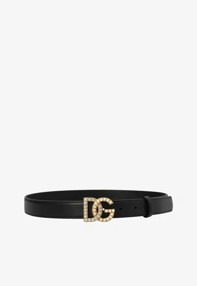 Dolce & Gabbana Black Belt With Dg Logo Buckle With Pearls And Rhinestones In Smooth Leather Woman In Black