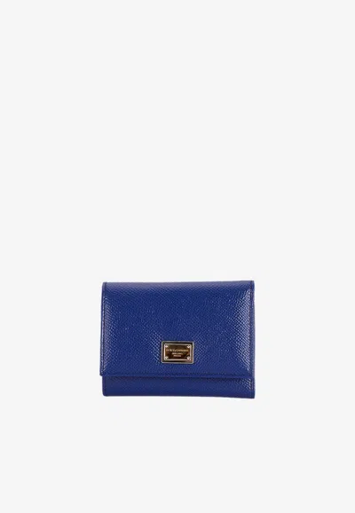 Dolce & Gabbana Logo Plaque Trifold Wallet In Dauphine Leather In Blue