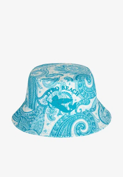 Etro Liquid Paisley Bucket Hat With Cube Logo In Light Blue