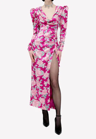 Alessandra Rich Silk Draped Dress In Fuchsia