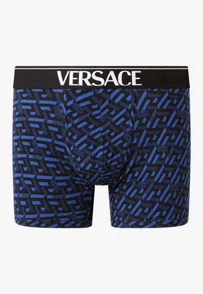 Versace La Greca Jacquard Trunks In Blue