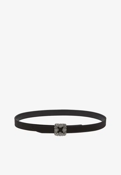 Manolo Blahnik Black Hangisi Crystal Buckle Leather Belt In Black
