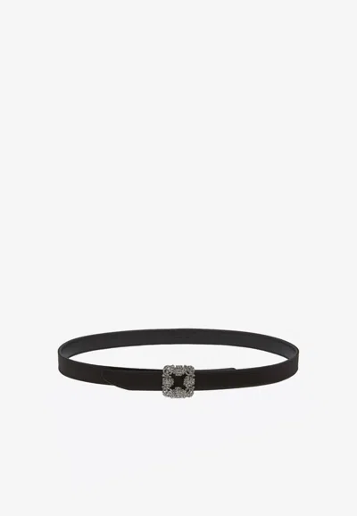 Manolo Blahnik Mini Hangisi Satin Belt With Crystal Buckle In Black