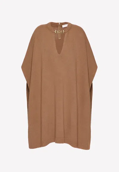 Valentino Brand-plaque Turtleneck Wool And Cashmere-blend Poncho In Brown