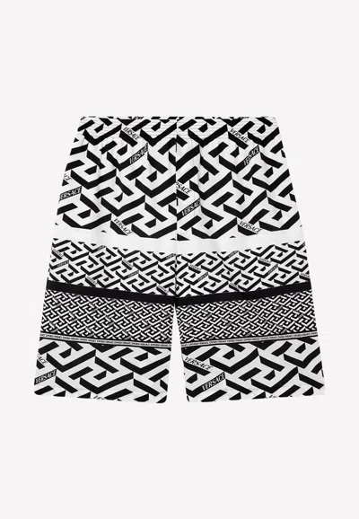 Versace La Greca Monogram Print Cotton Blend Shorts In Monochrome
