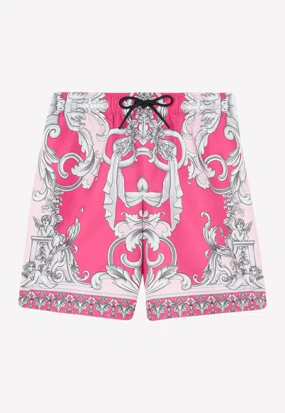 Versace Signature Barocco Print Swim Shorts In Pink