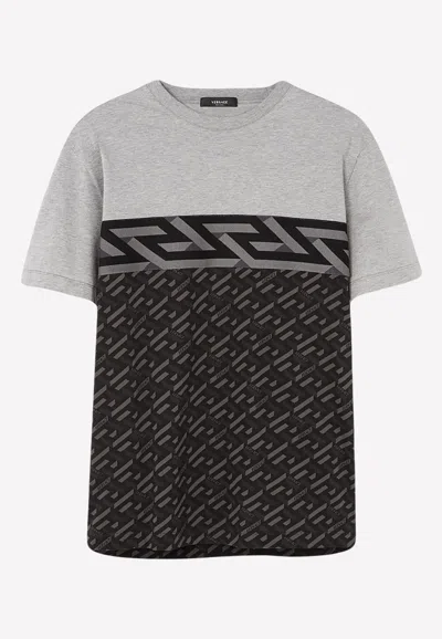 Versace La Greca Crewneck Short-sleeved T-shirt In Gray