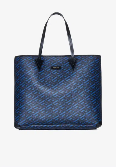 Versace La Greca Print Tote Bag In Blue
