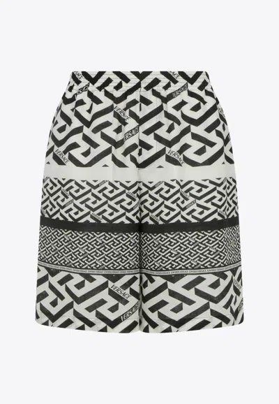 Versace La Greca Monogram Print Cotton Blend Shorts In Monochrome