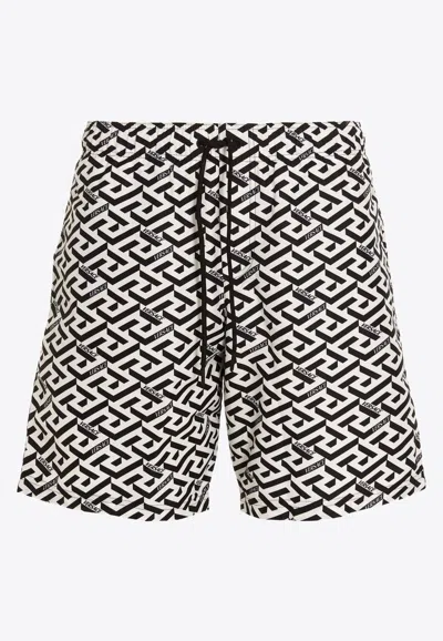 Versace La Greca Print Boardshorts In Monochrome