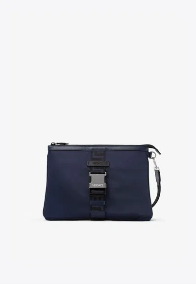 Versace Greca Zipped Pouch Bag In Blue