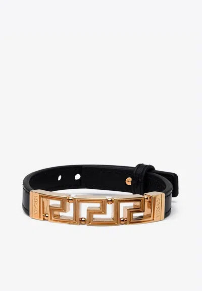 Versace Greca Leather Bracelet In Black