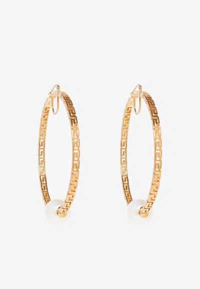 Versace Greca Pearl-detail Hoop-earrings In Gold