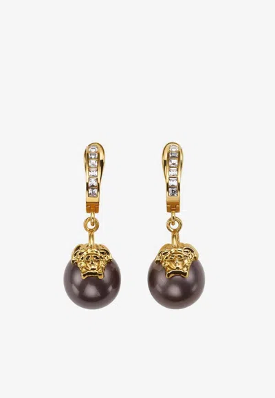 Versace Gold Pearl Medusa Earrings In Black