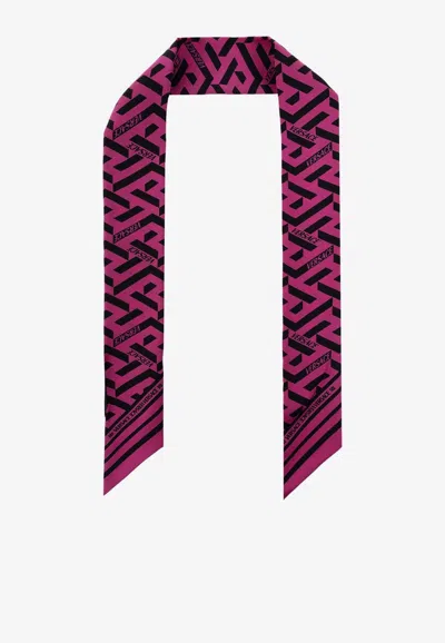 Versace La Greca Scarf In Fuchsia And Gold Silk In Pink