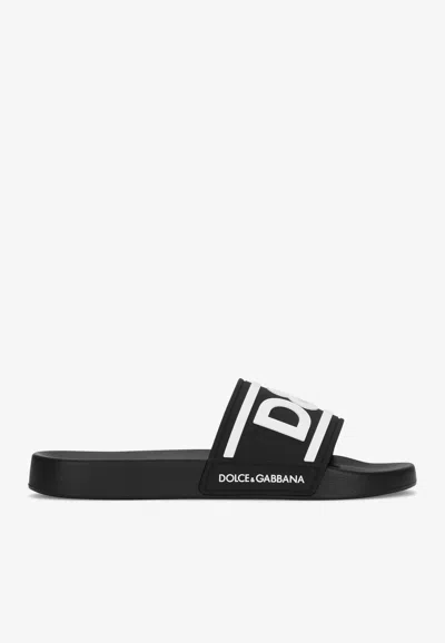 Dolce & Gabbana Rubber Beachwear Sliders With Dg Logo In Black