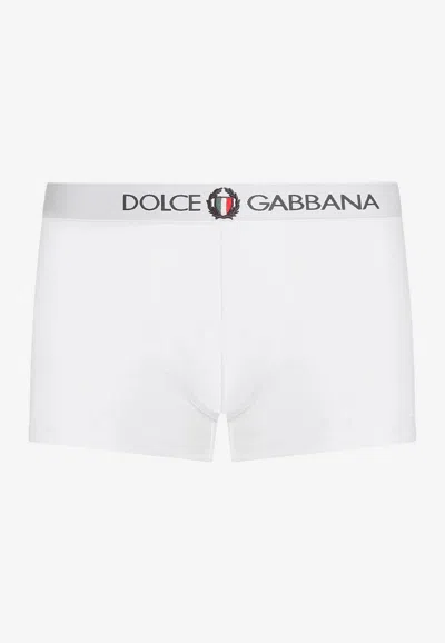 Dolce & Gabbana Two-way-stretch Jersey Regular-fit Boxers With Emblem In White
