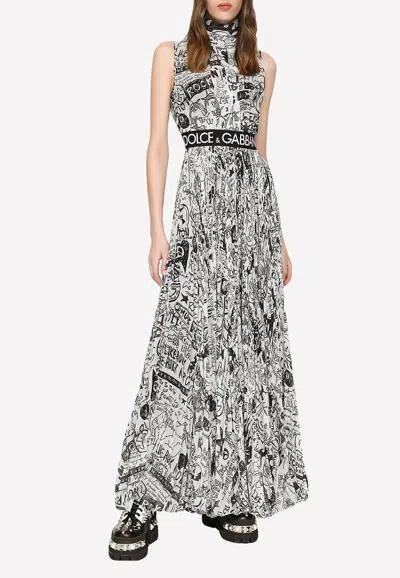 Dolce & Gabbana Graffiti Logo Print Maxi Dress In Chiffon In Monochrome
