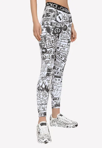 Dolce & Gabbana Logo Script-print Ankle Lycra Leggings In Monochrome