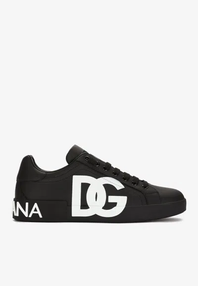 Dolce & Gabbana Portofino Sneakers In Black Calf Leather With White Logo In Black