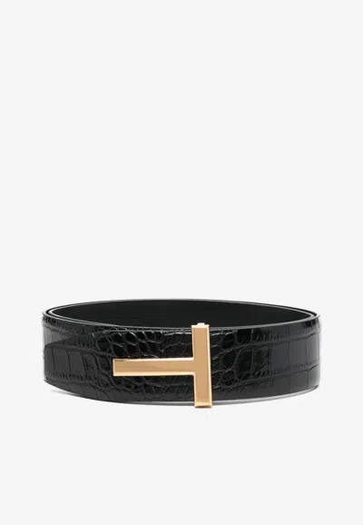 Tom Ford T Plaque Croc-embossed Leather Belt In Black