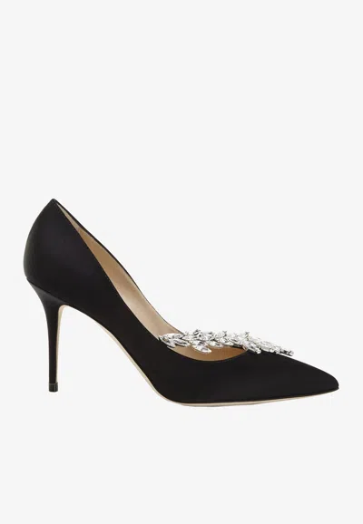 Manolo Blahnik Nadira 90 Satin Pumps With Crystal Leaf Embellishment In Black