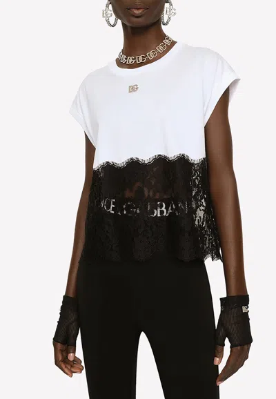 Dolce & Gabbana Lace-hem Short-sleeved T-shirt In Monochrome