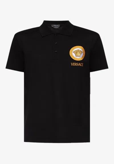 Versace Cotton Polo Shirt With Medusa Patch In Black