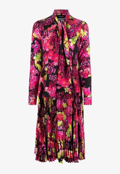 Versace Logo Orchid Midi Shirt Dress, Female, Black+print, 48 In Multicolor
