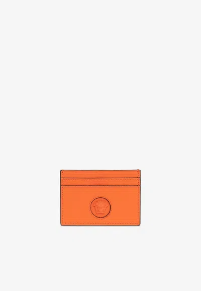 Versace La Medusa Leather Cardholder In Orange