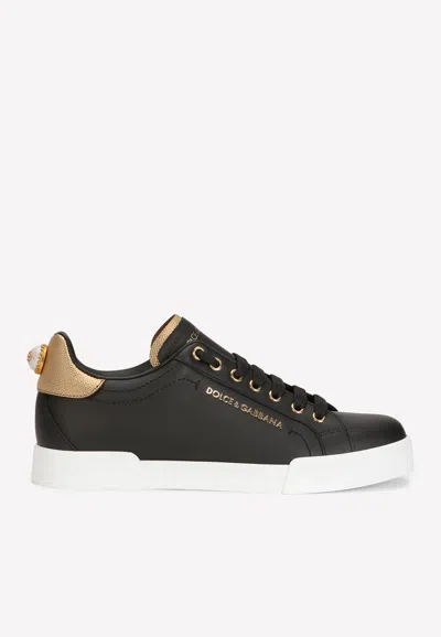 Dolce & Gabbana Embellished Leather Sneakers In Black
