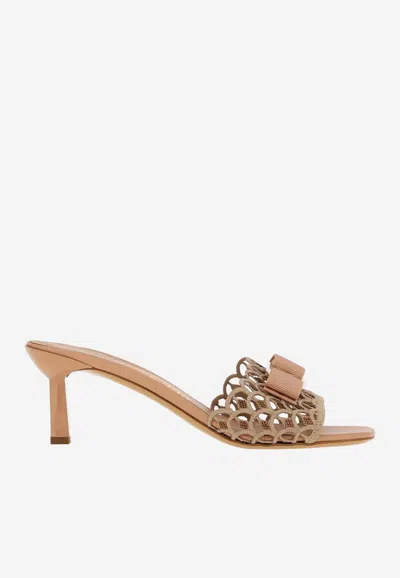 Ferragamo Glo Bow Cotton Mule Sandals In Beige